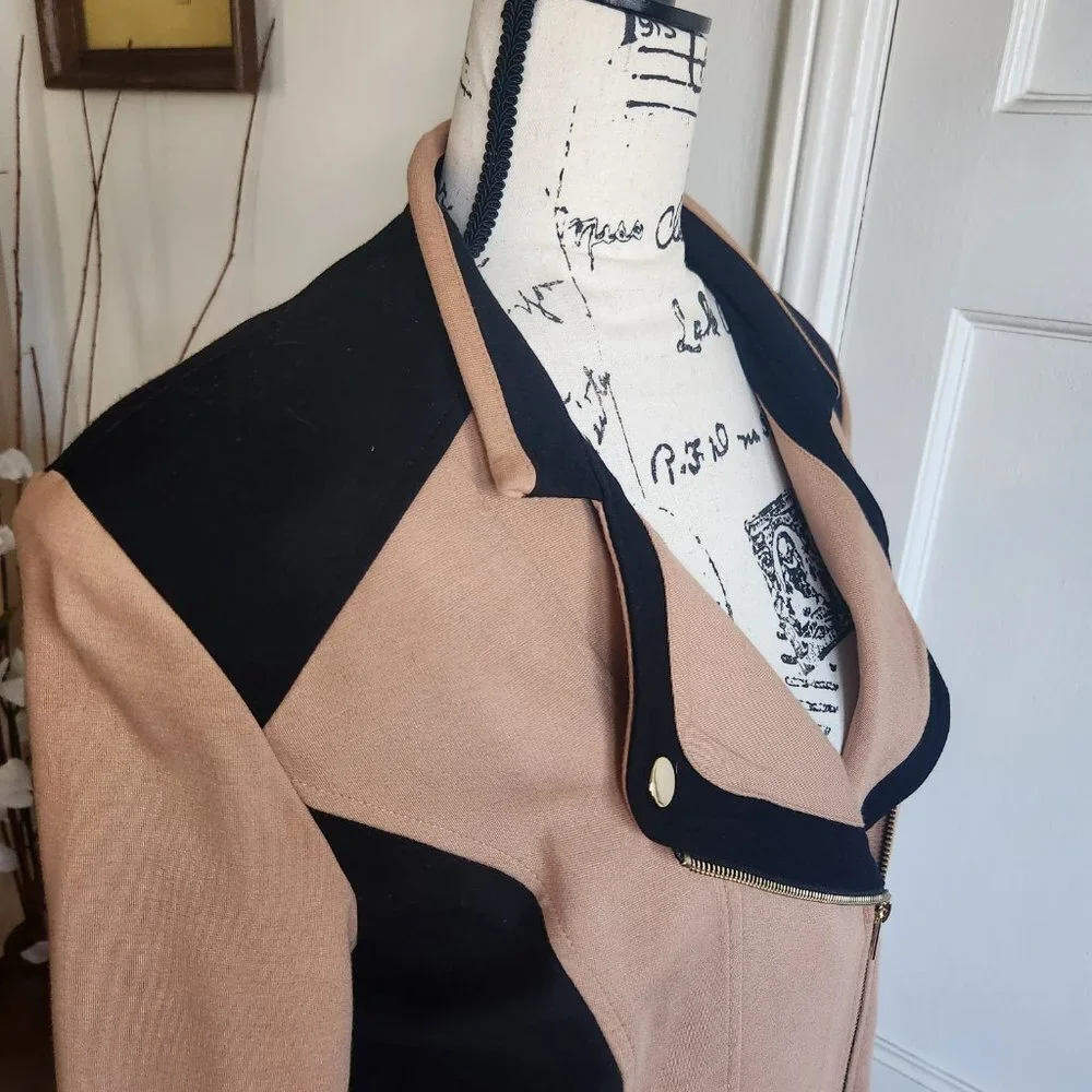 IMAN Black and Tan Woman’s Jacket with Gold Zippers NWOT Sz M